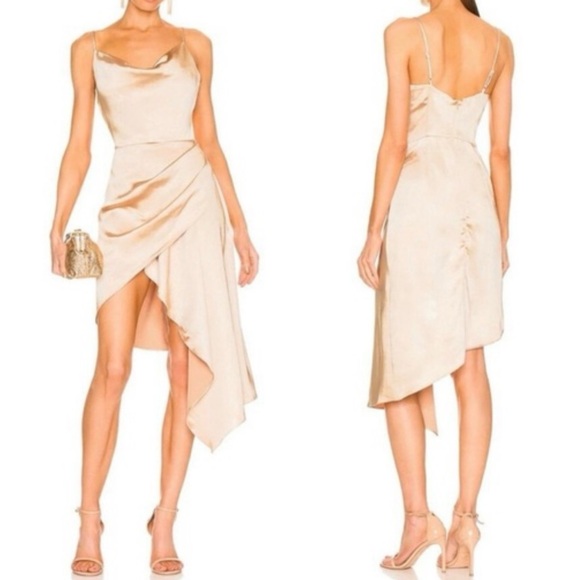 Elliatt NWT Gold Satin Draped Asymmetrical Hem Jacinda Dress - Large